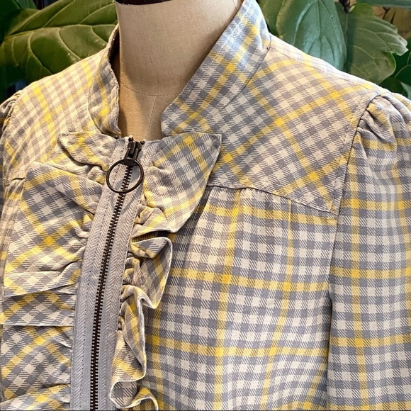 Anthropologie Idra Gingham Check Ruffled Lapel Zip Jacket. Bomber cut - Picture 8 of 13